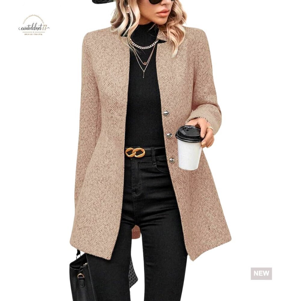 Wool Blend Pea Coat, Notch Collar, Mid-Long Trench, Straight Fit